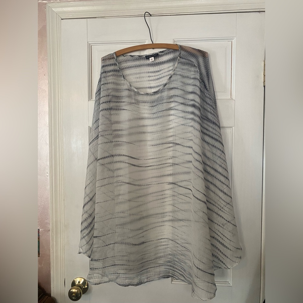 Eileen Fisher Chic Sheer Black and Gray 100% Silk Shibori Tie Dye Poncho Top